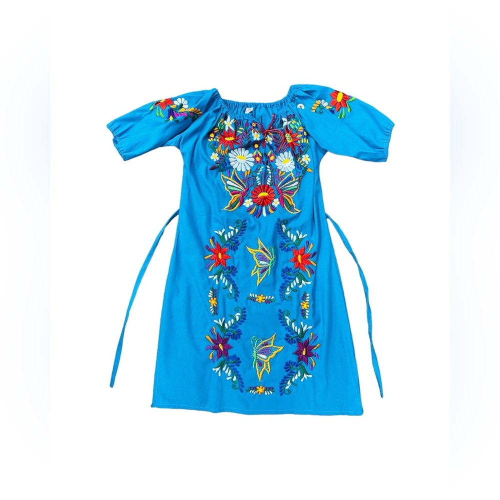Tecali Mexican Embroidered Blue Dress
